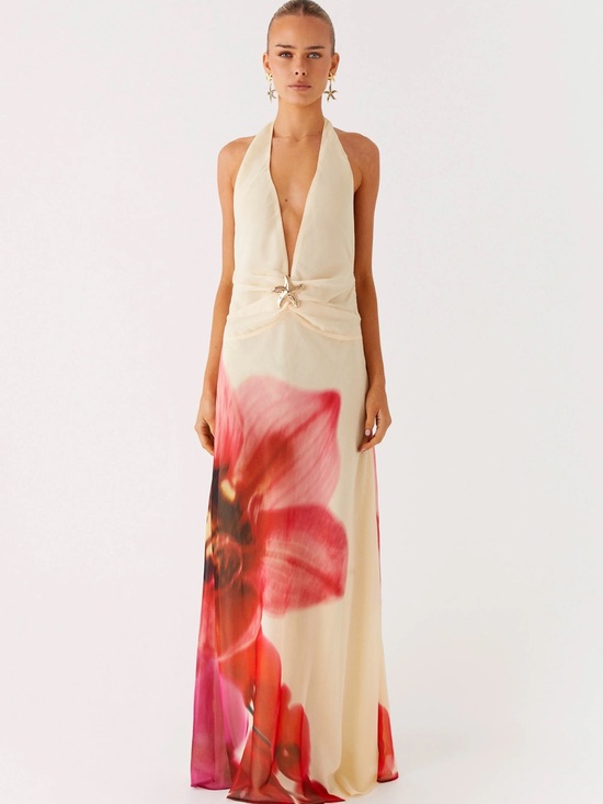 Peppermayo Dresses & Skirts - Peppermayo Cream Halter Maxi Dress with Pink Floral Print